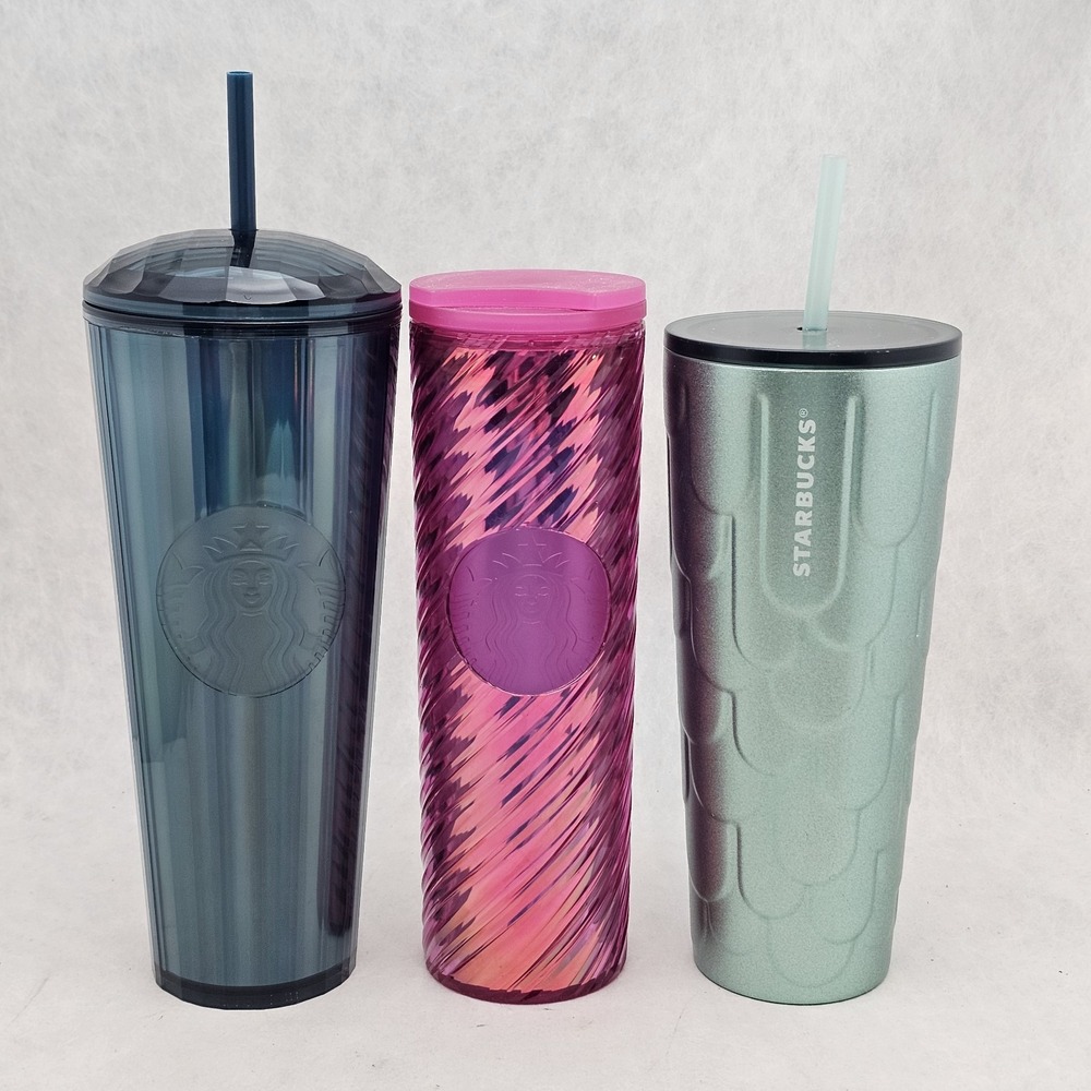 Lot of 3 2022 Starbucks Tumblers Mermaid Scales Sangria Pink Ocean Kaleidoscope